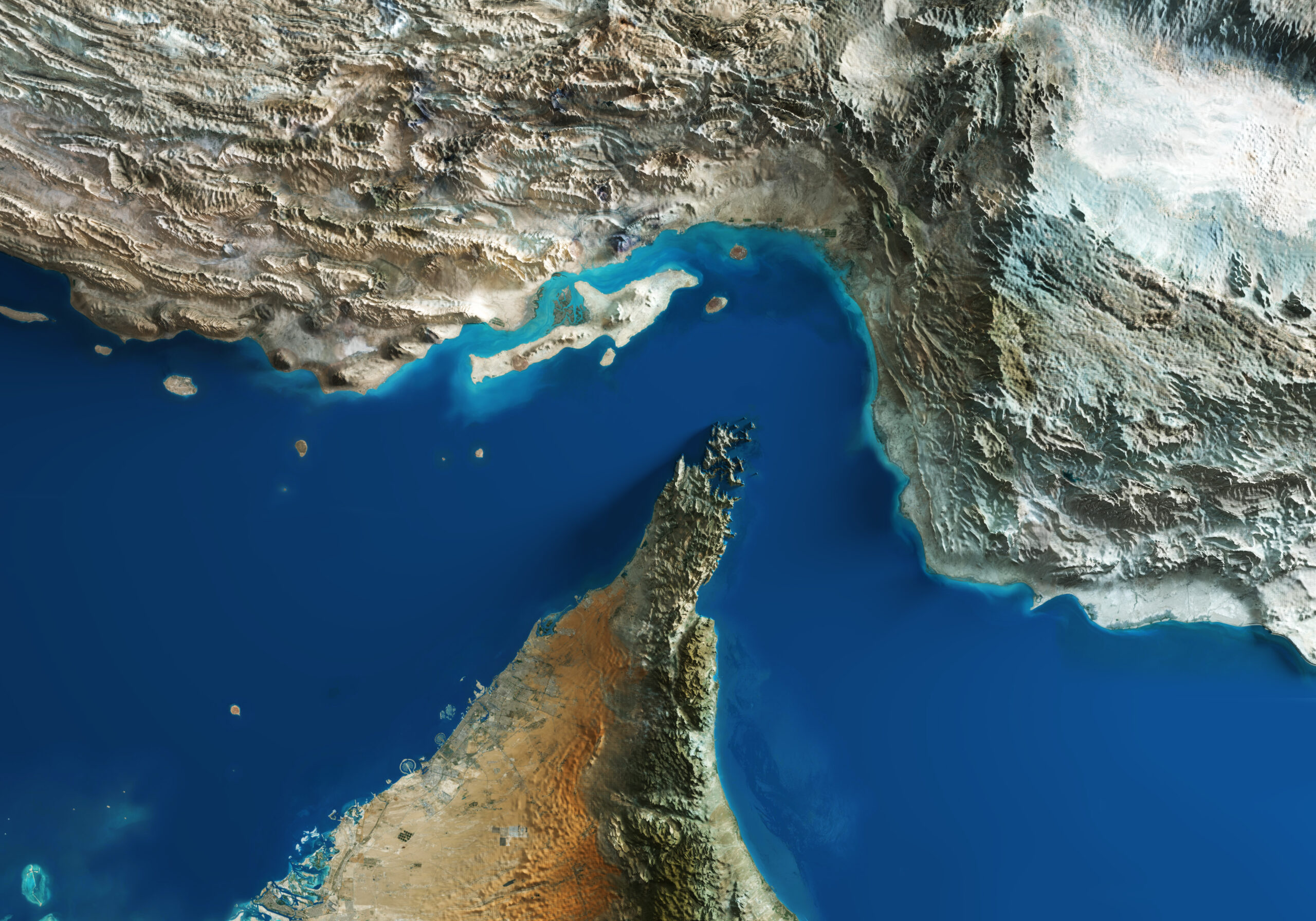 Detailed 3D Relief Map of the Strait of Hormuz and Middle East Topography