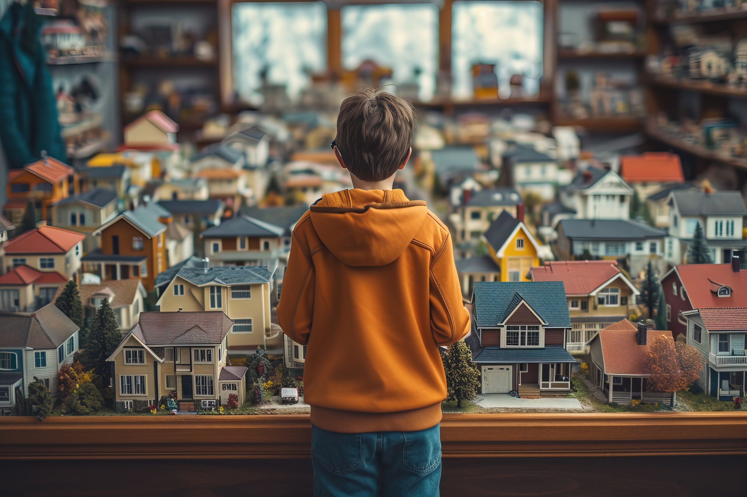 A room filled with miniature house models, with a person looking overwhelmed by the choices, symbolizing the complexity of finding affordable housing.